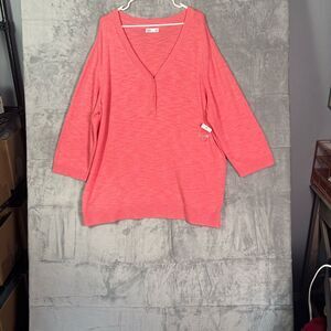 NWT New Croft & Barrow Coral Pink Knit Button Front Top 3/4 Sleeve Size 3X